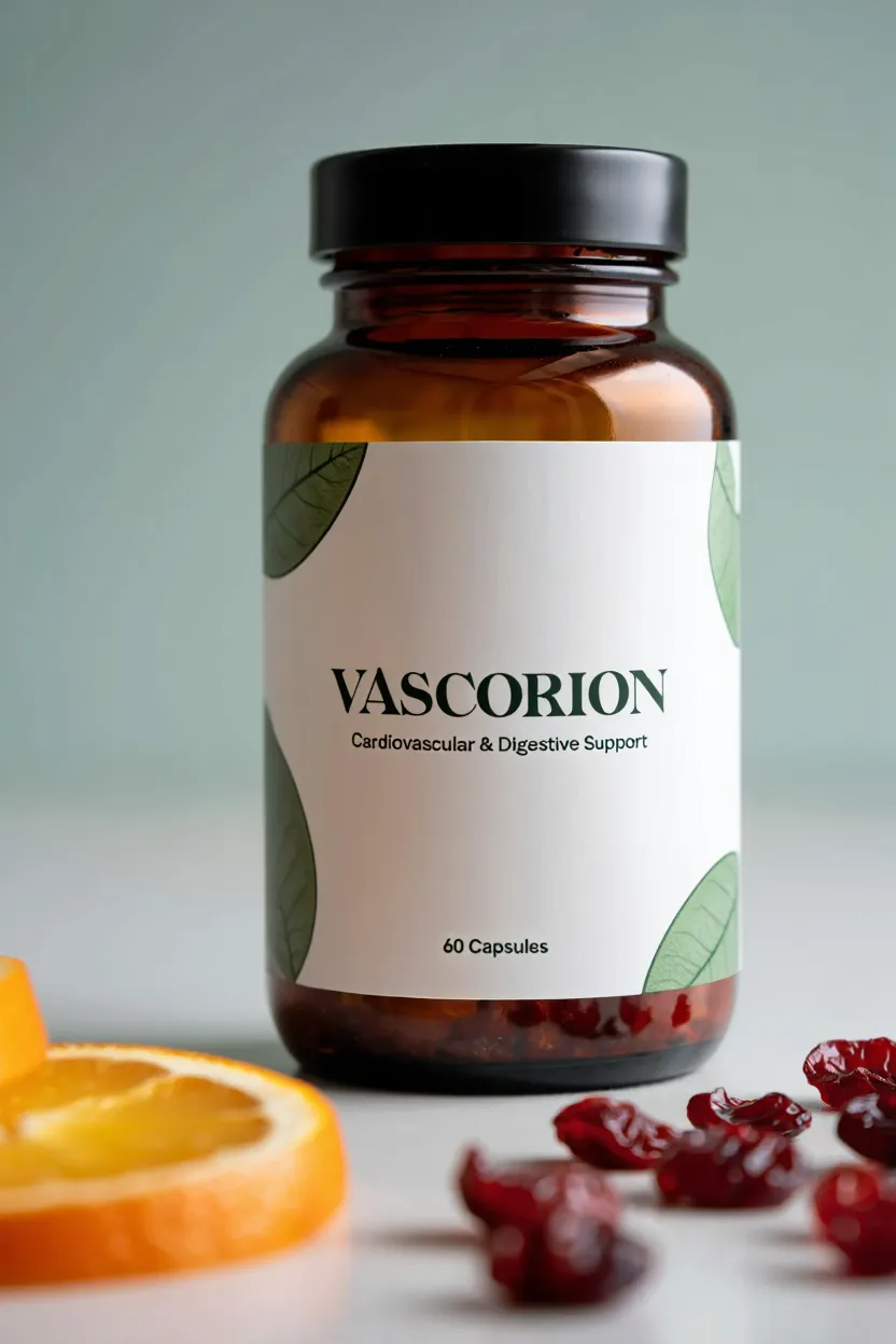 Vascorion dietary supplement bottle with natural ingredients for cardiovascular and digestive support